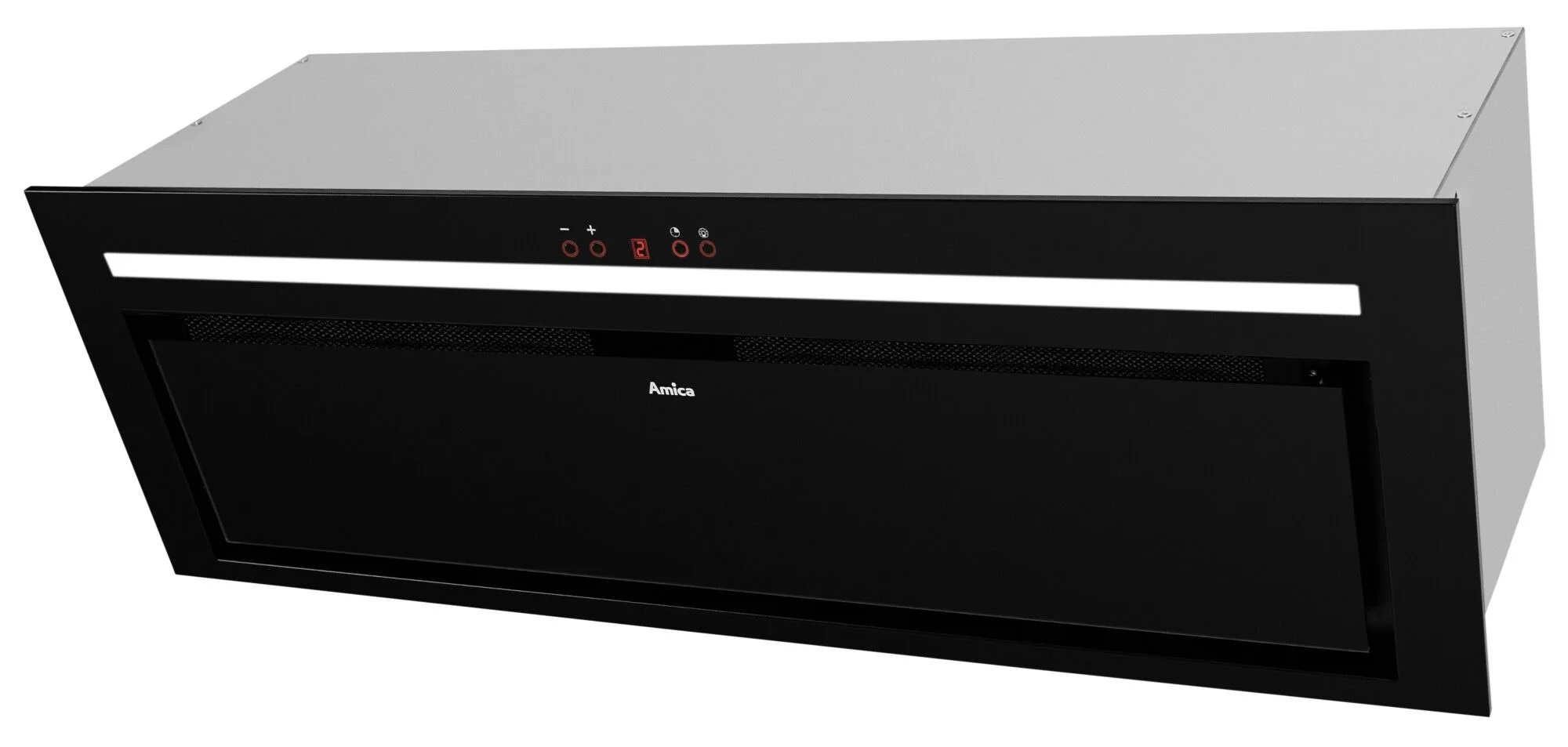 Czarny okap kuchenny ze zintegrowanym oświetleniem i sterowaniem. Widoczne logo Amica. Prostokątny design.