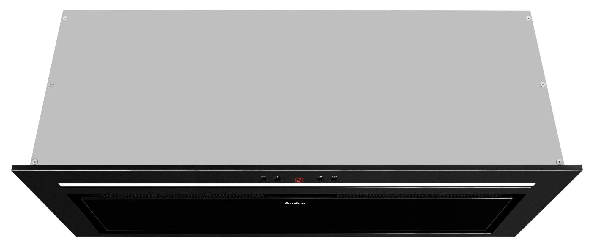 Czarny okap kuchenny z panelem sterowania i srebrną górą.