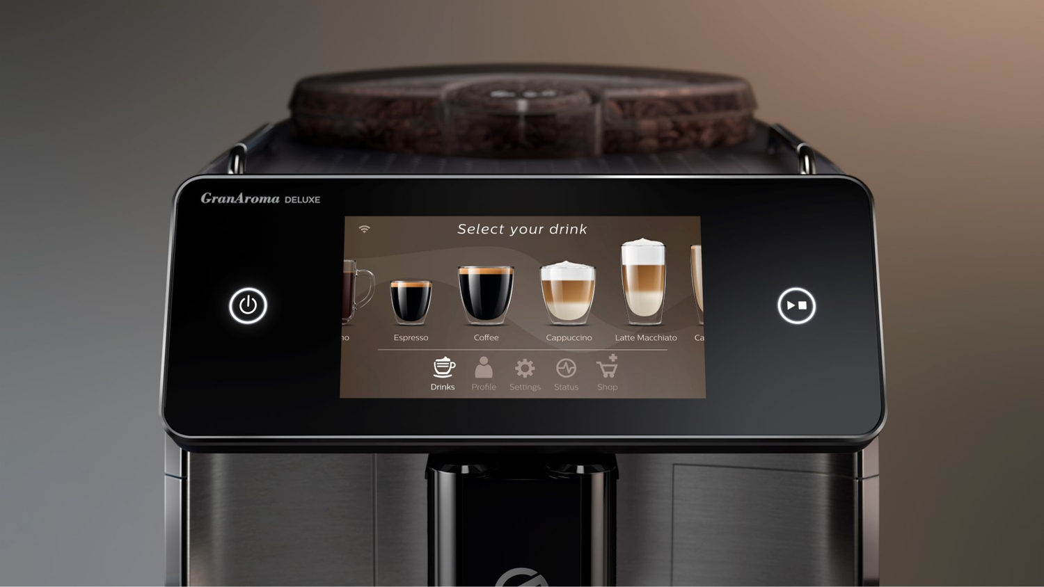 Eine Kaffeemaschine mit Touchscreen, der Getränkeoptionen anzeigt.