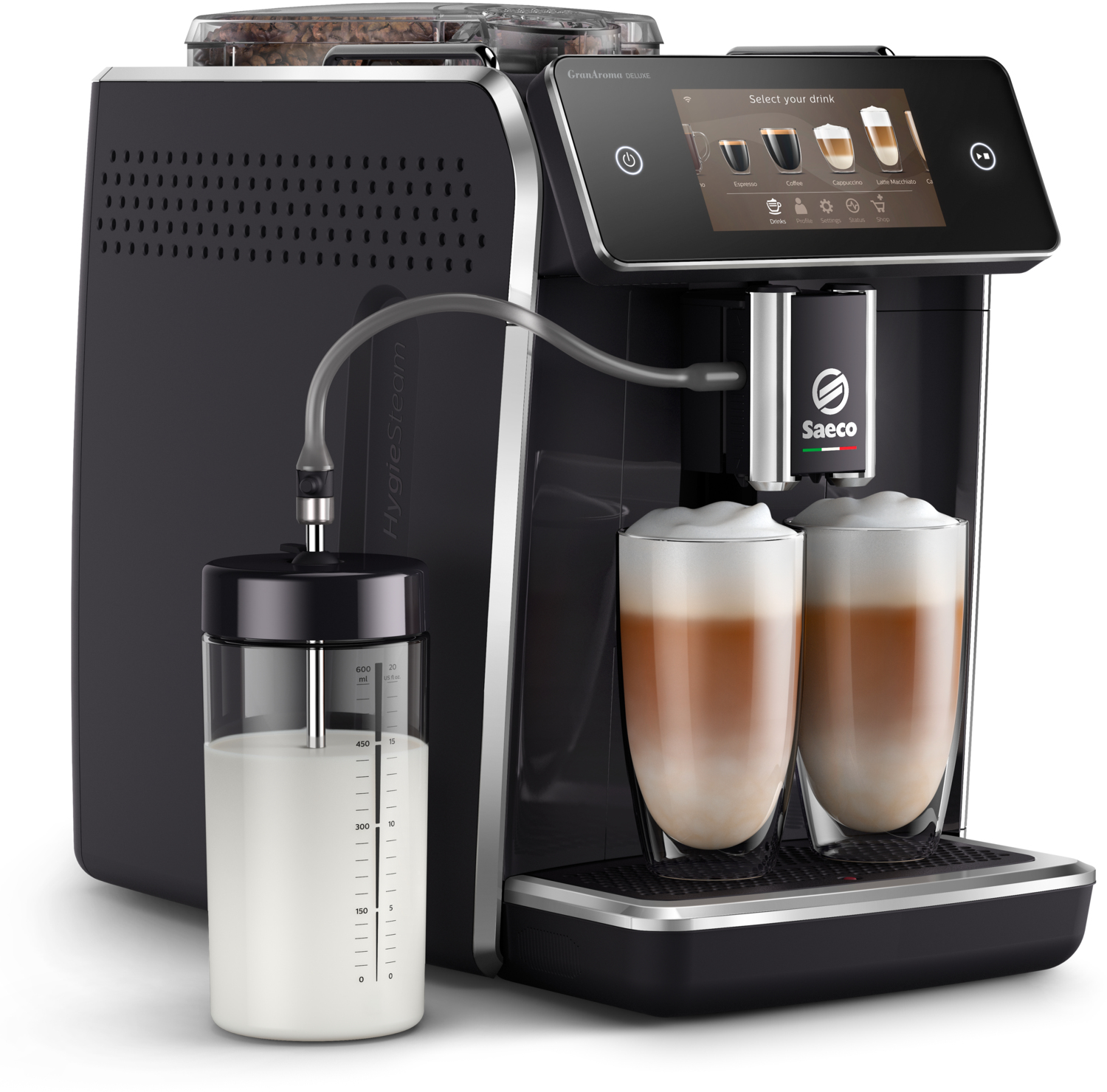 Eine schwarze Kaffeemaschine mit einem Milchbehälter und zwei Gläsern Latte. Die Maschine steht auf weißem Hintergrund.
