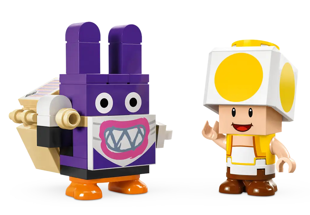 Figurki Lego: Fioletowa figura z maską i żółta figura Toada, białe tło.