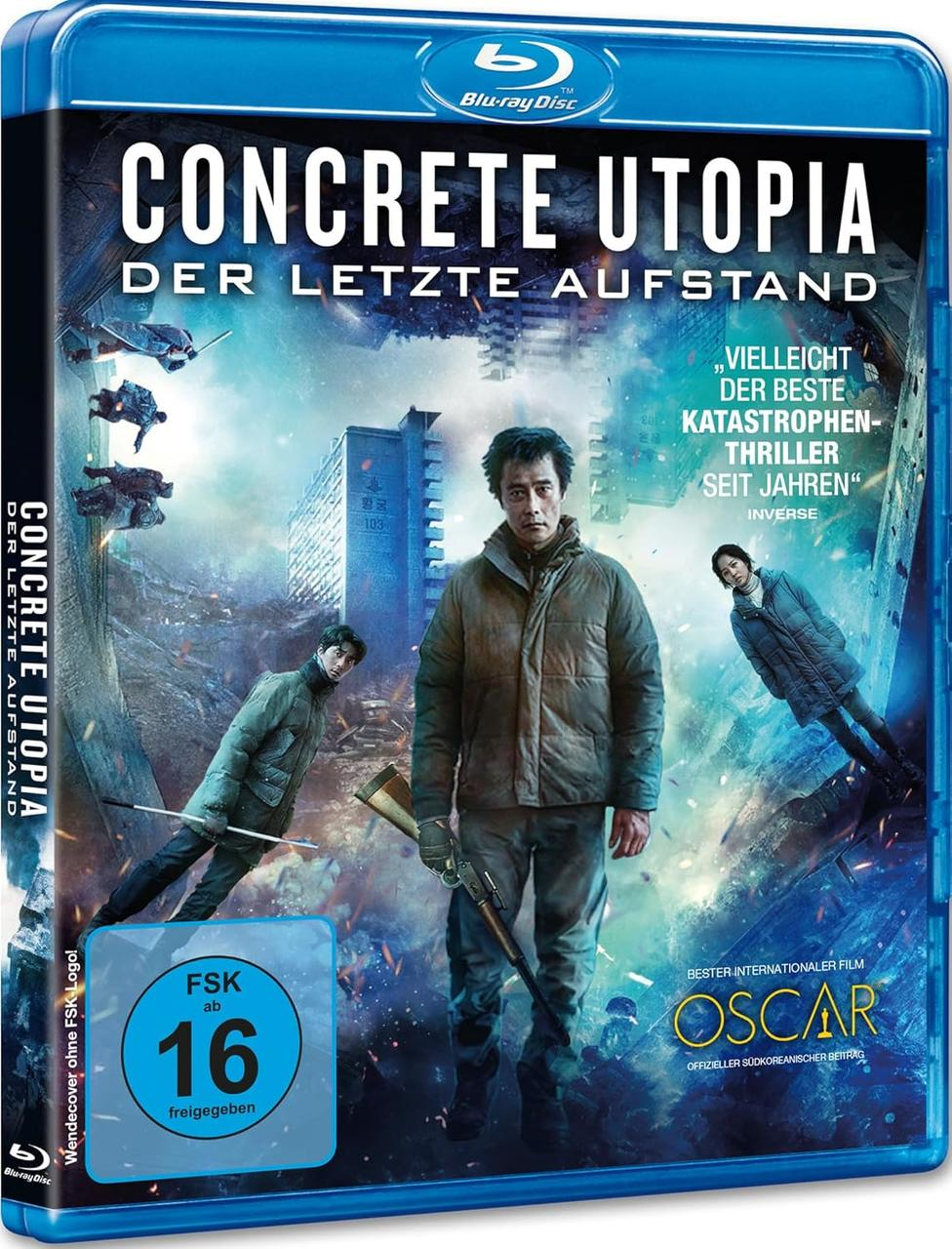 Blu-ray-Disc-Cover: Menschen fliehen vor einem Gebäude, Titel 'Concrete Utopia'.