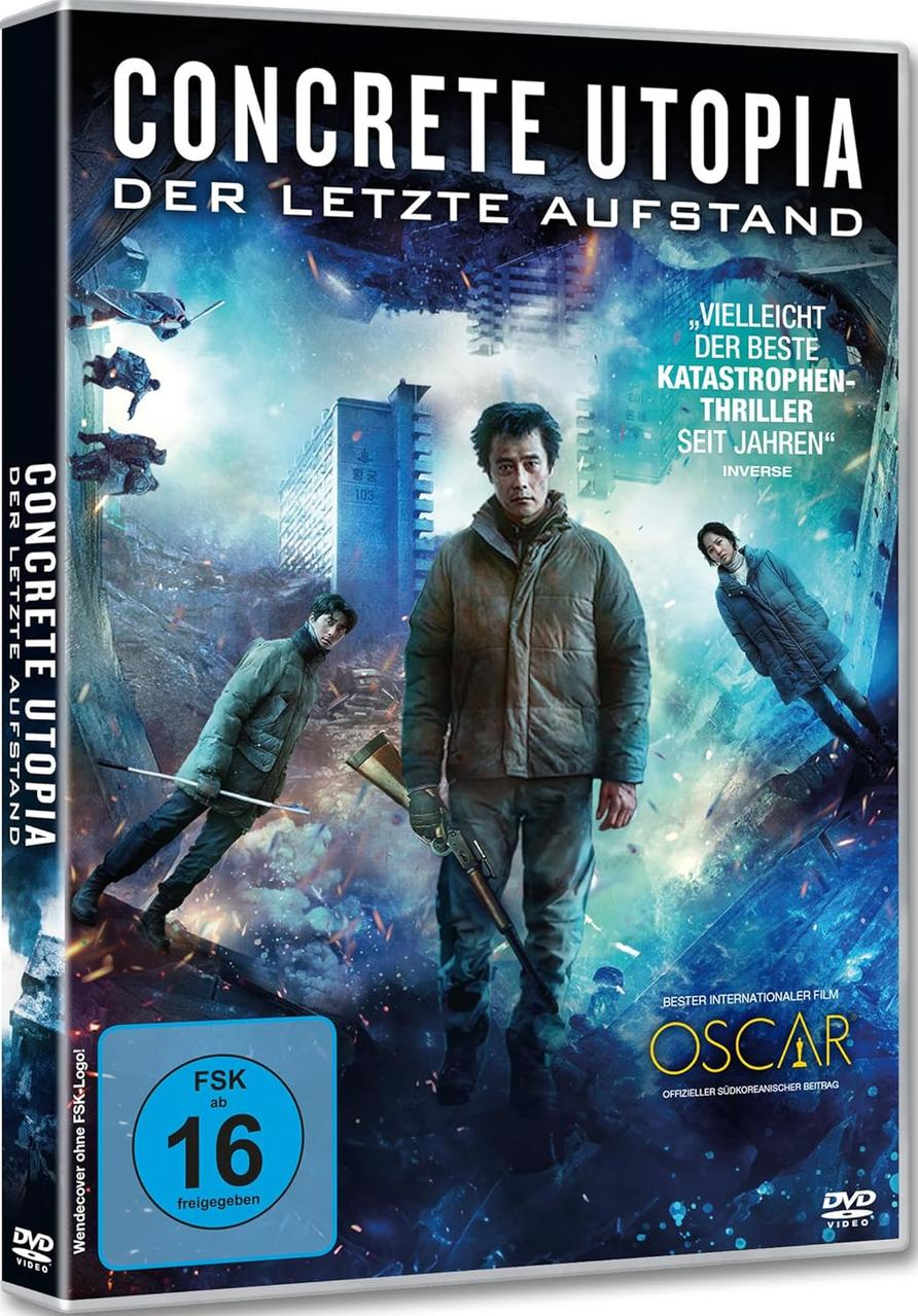 DVD-Cover von 'Concrete Utopia'. Drei Personen mit Waffen stehen in einer zerstörten Stadt mit stürmischem Himmel.