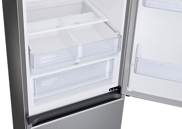 Wnętrze lodówki pokazujące komory dla Optimal Fresh+ i Humidity Fresh+.