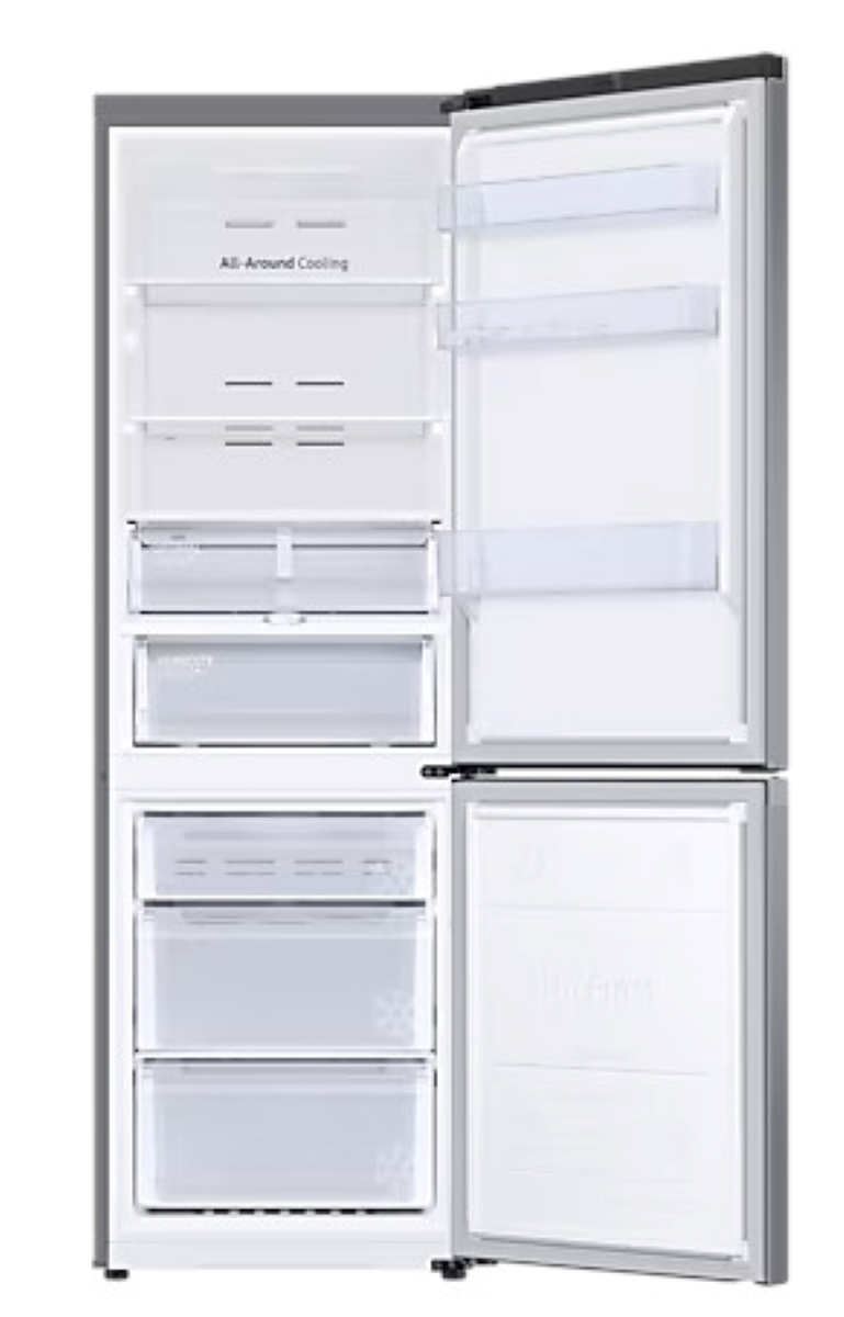 Otwarta lodówka, prezentująca półki, szuflady i zawartość.