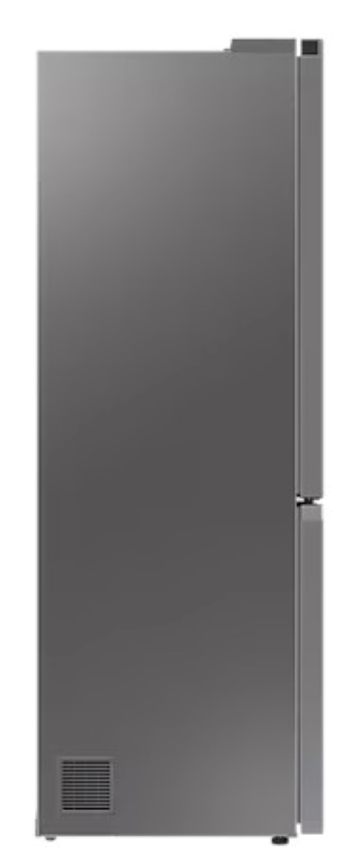 Widok z boku szarej lodówki LG na białym tle, podkreślający jej smukły profil.