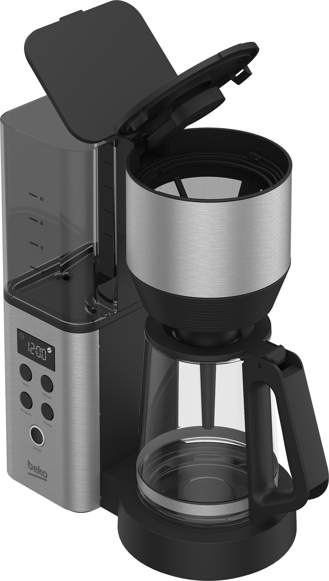 Ekspres do kawy ze srebrnym panelem, czarnymi akcentami i przezroczystym szklanym dzbankiem.
