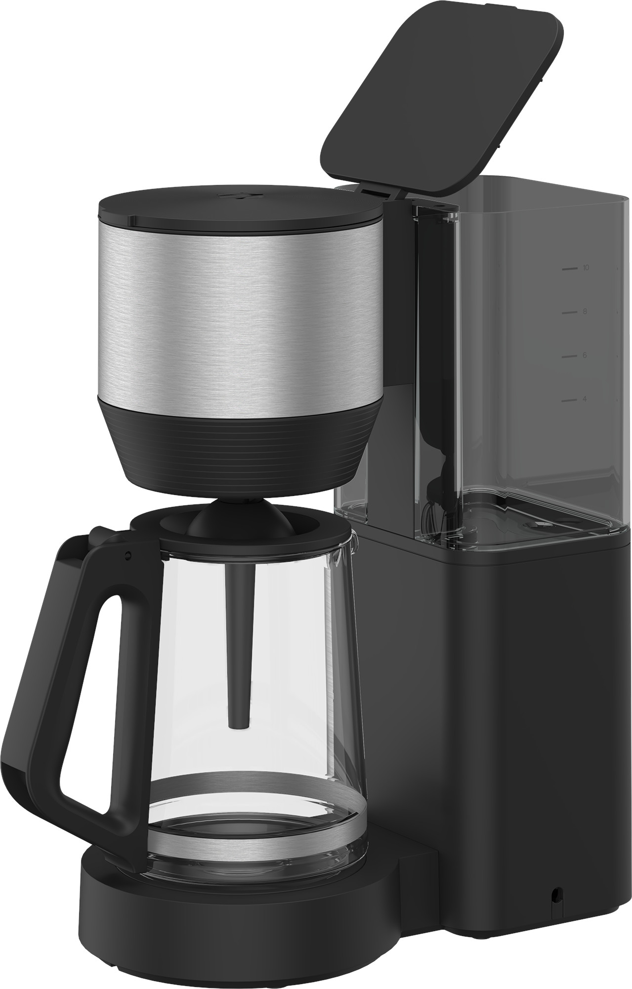 Czarny i srebrny ekspres do kawy, z widocznym zbiornikiem na wodę.