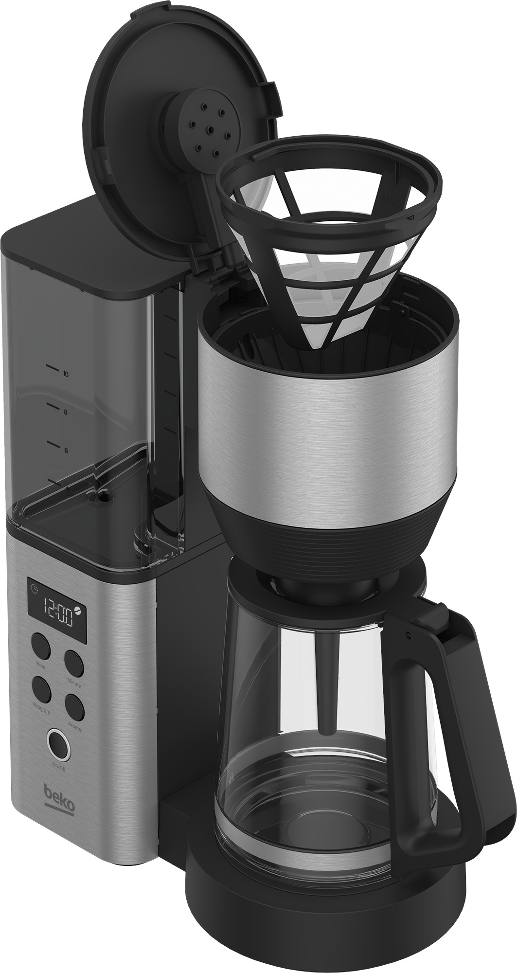 Ekspres do kawy z czarną podstawą, srebrnym korpusem i czarną pokrywą.