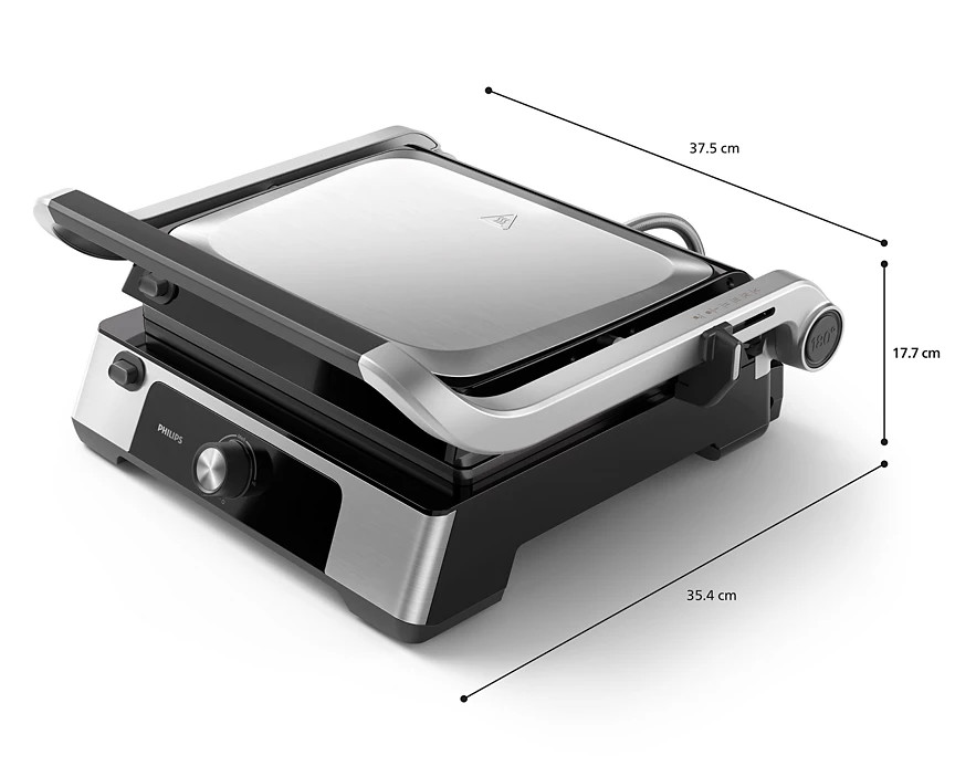 Srebrny grill Philips z pokazanymi wymiarami. Na białym tle.