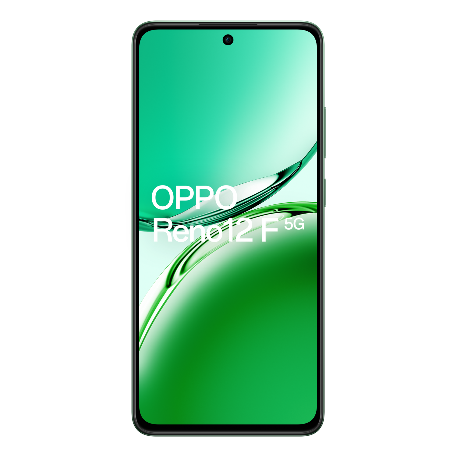 OPPO Reno12 F 5G smartphone with a green screen displaying a green and white gradient.