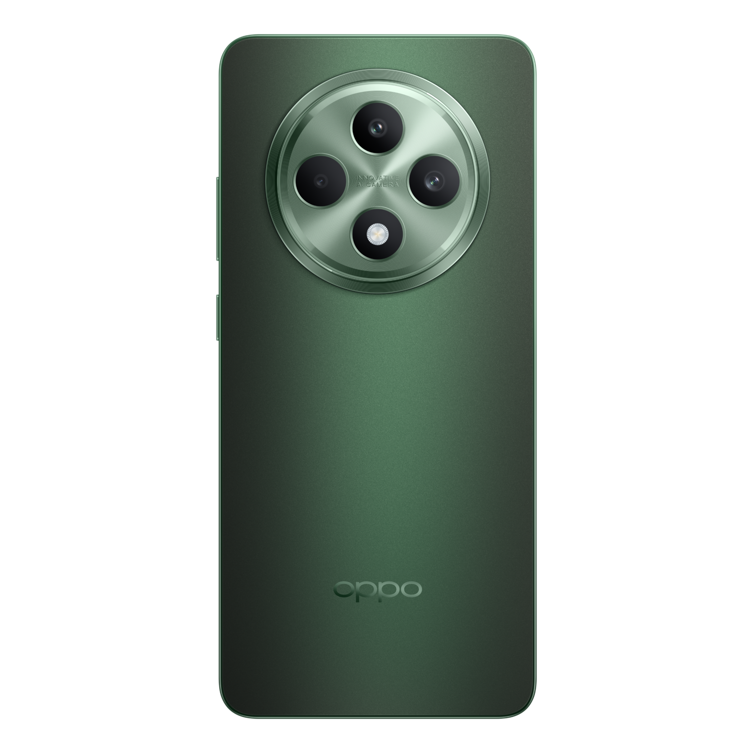 A green phone with a camera array. The phone has a textured green back and a circular camera module.