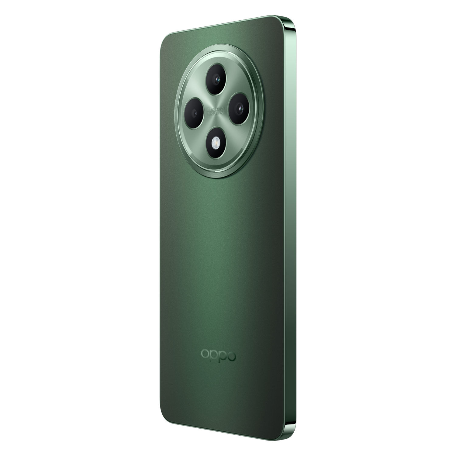 Green phone, rear view. Circular camera module, with four lenses, and Oppo logo. Black background.