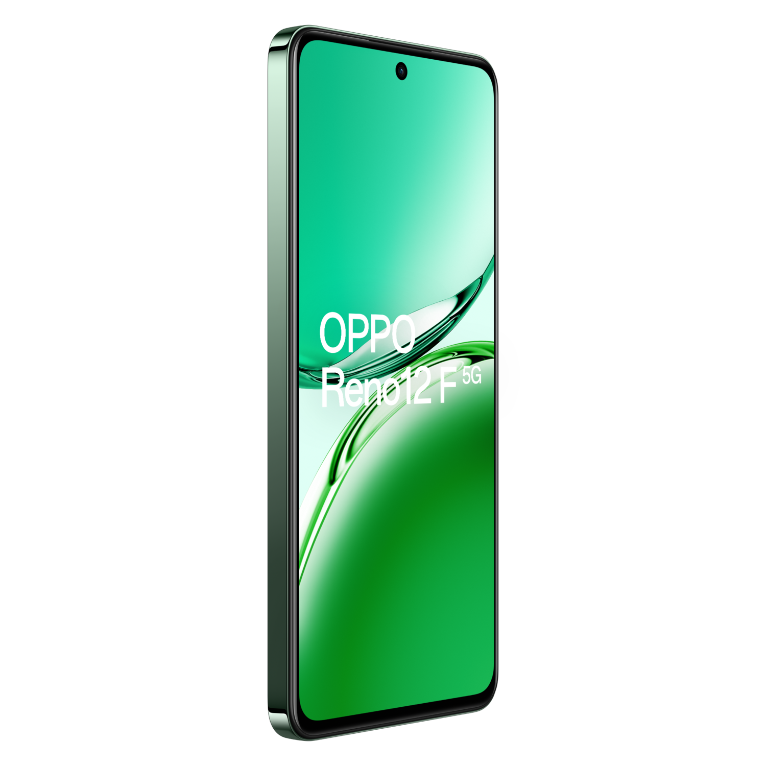 A green Oppo Reno 12F 5G phone with a green frame, angled and isolated on a black background.
