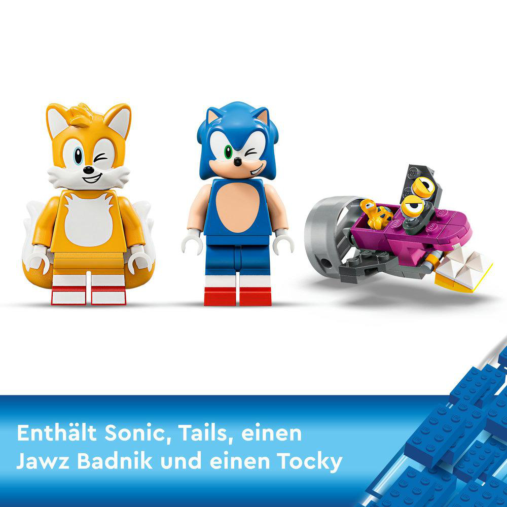 Lego Sonic, Tails, ein Jawz Badnik und ein Tocky auf weißem Hintergrund.