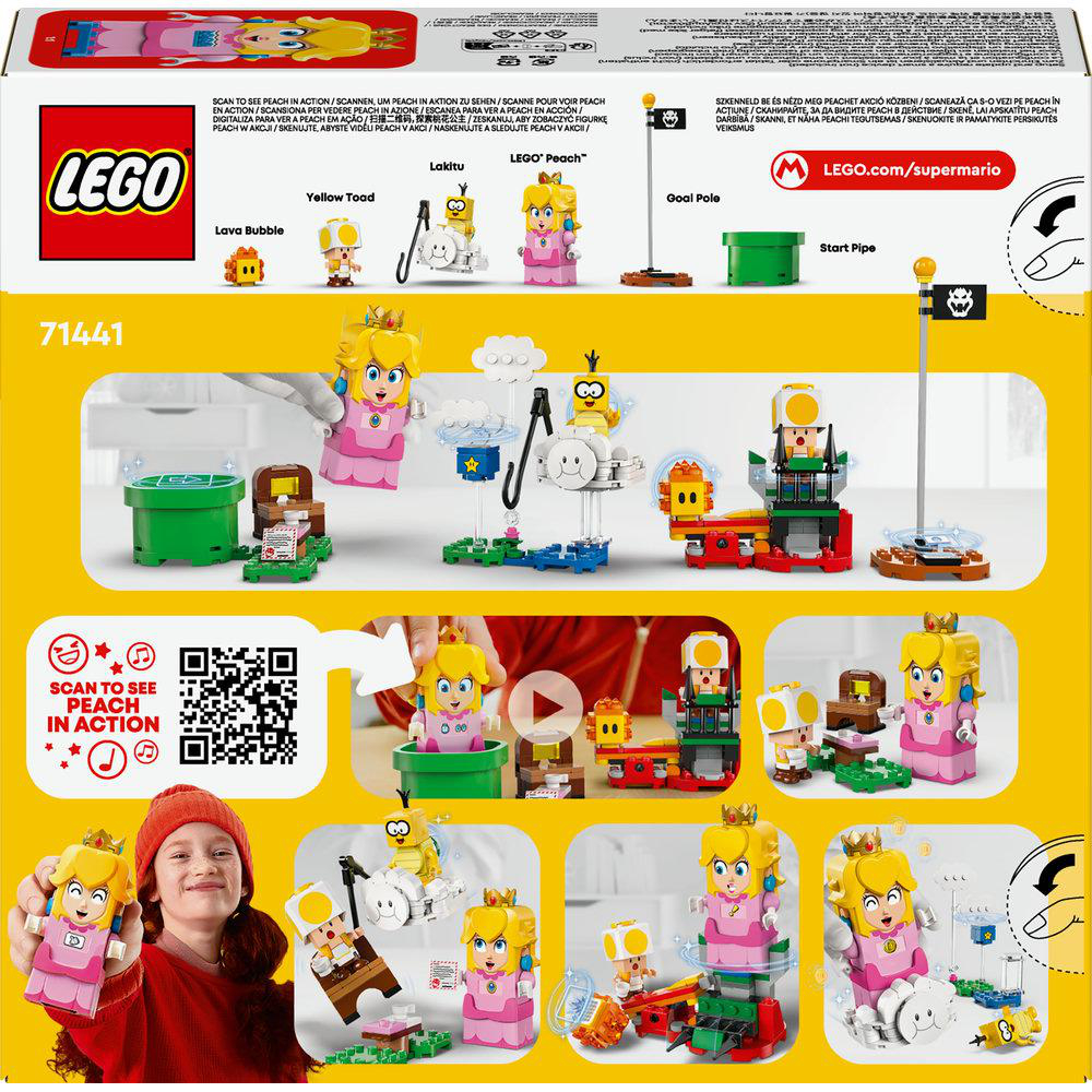 Lego-Set-Box mit LEGO-Logo und Bildern des Peach-Lego-Sets mit verschiedenen Charakteren.