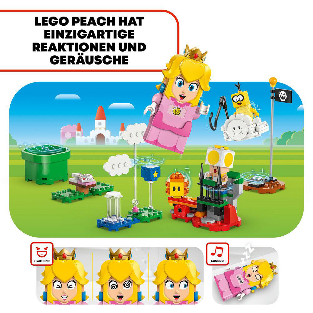 Lego Peach Set. Peach-Figur mit Krone. Verschiedene Lego-Elemente, Text auf Deutsch. Reaktionen und Geräusche.