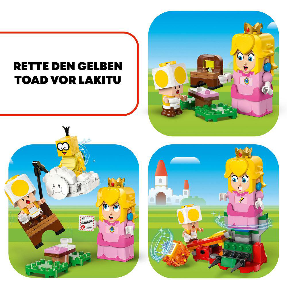 Vier Lego-Szenen mit Prinzessin Peach und Toad, die Toad vor Lakitu retten.
