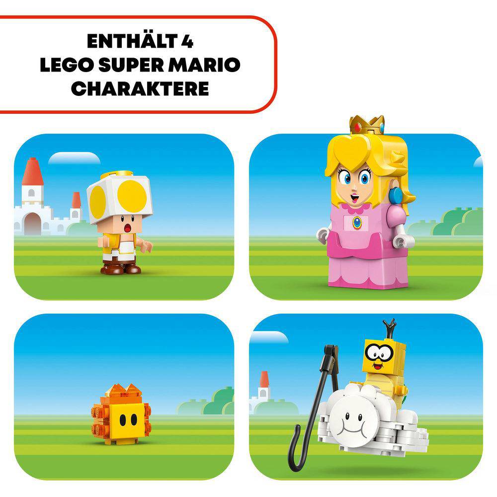 Vier Lego Super Mario Charaktere. Toad, Prinzessin Peach und zwei weitere auf blauem Grund.