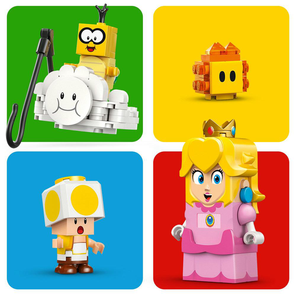 Lego Mario Figuren auf bunten Quadraten: Biene, Block, Toad und Peach.