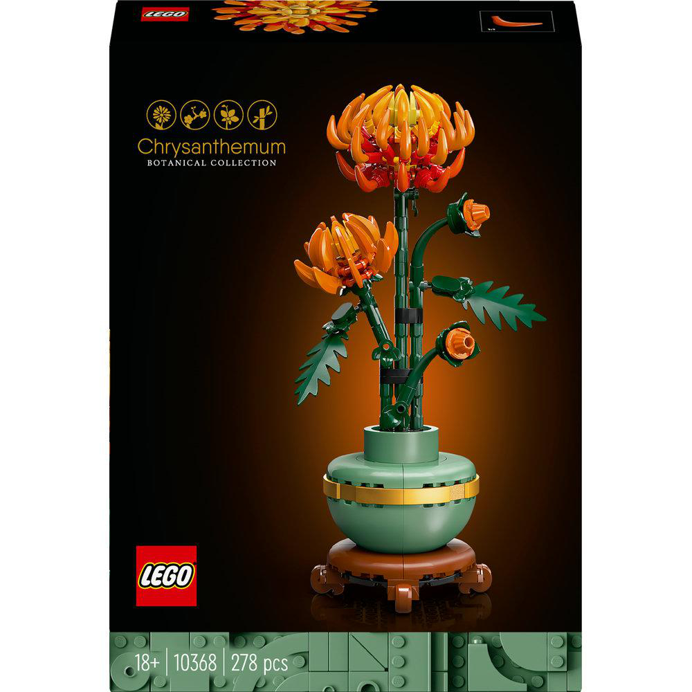 Eine Lego-Set-Box mit einem gebauten Chrysanthemen-Blumenmodell, mit grünen und orangenen Farben.