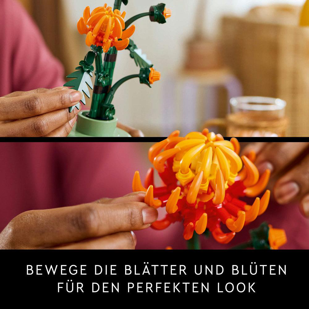Hände montieren orangefarbene Lego-Blumen. Text: 'Bewegt Blätter & Blüten für perfekten Look'.
