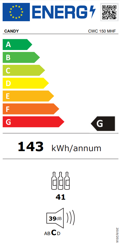 Energia címke egy Candy hűtőszekrényhez, amely az energiahatékonyságot és egyéb specifikációkat mutatja.