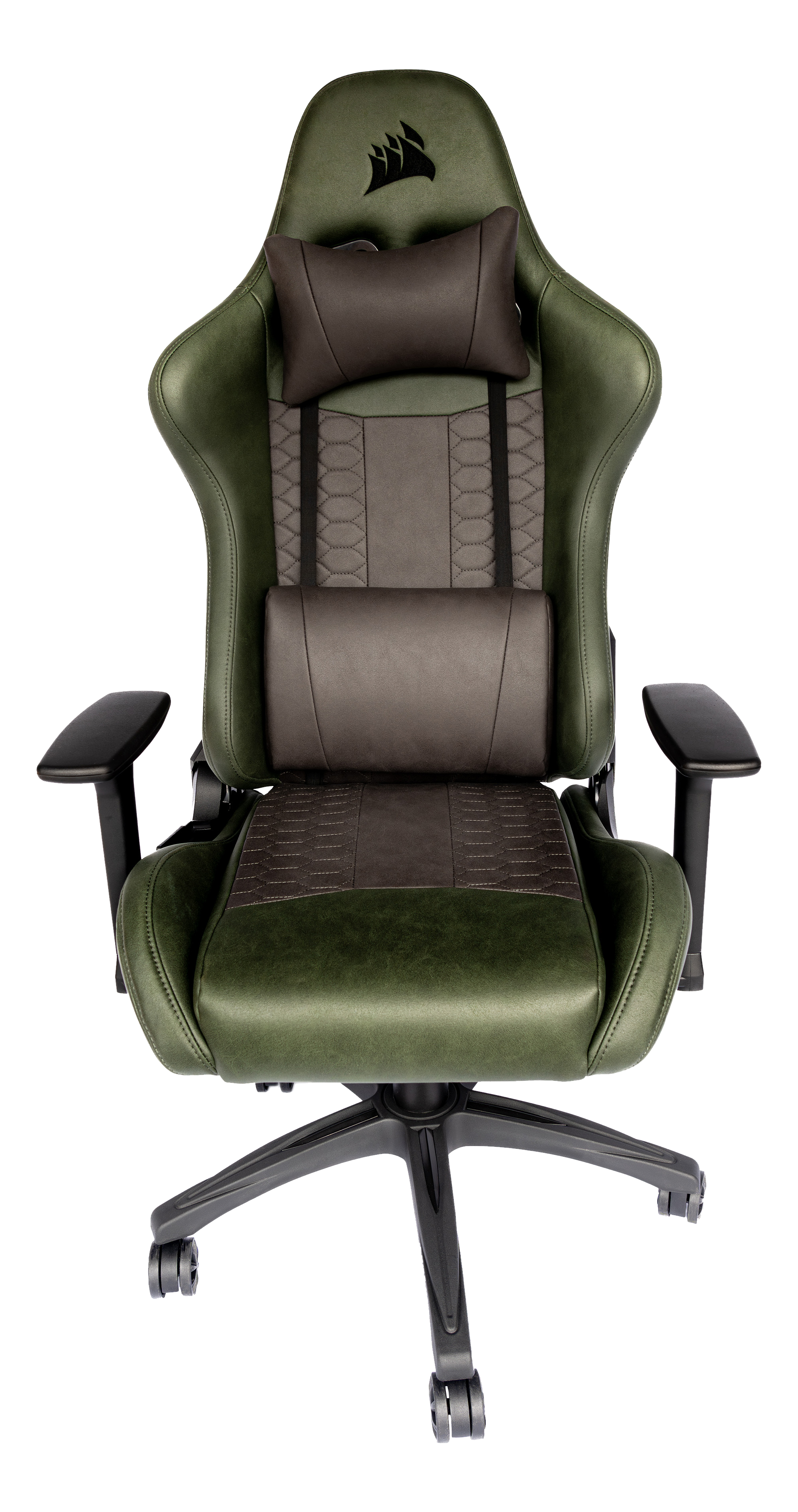 Chaise de jeu verte avec des accents marrons. Base noire et appui-tête.