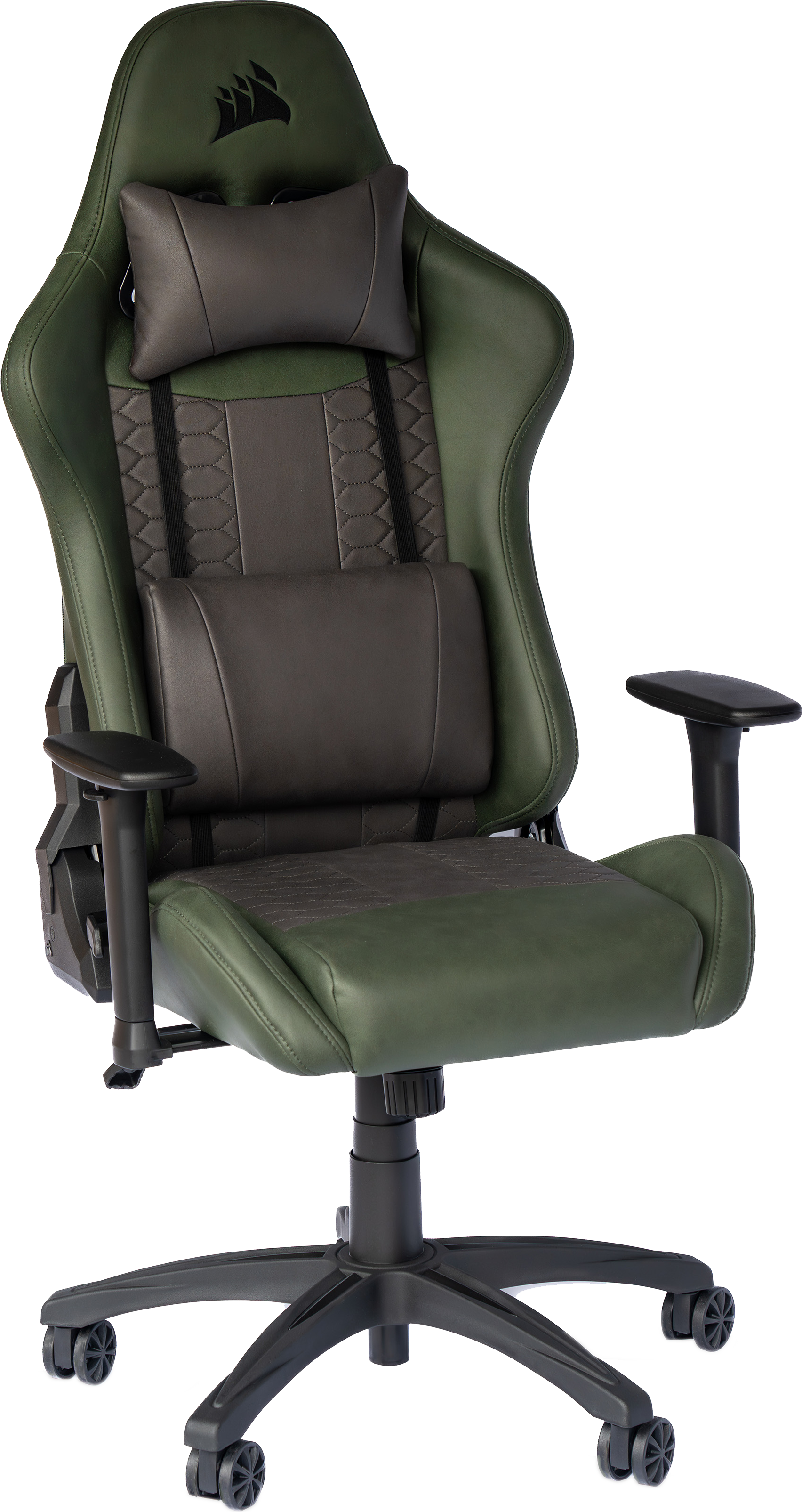Une chaise de jeu verte et noire avec appui-tête et support lombaire.