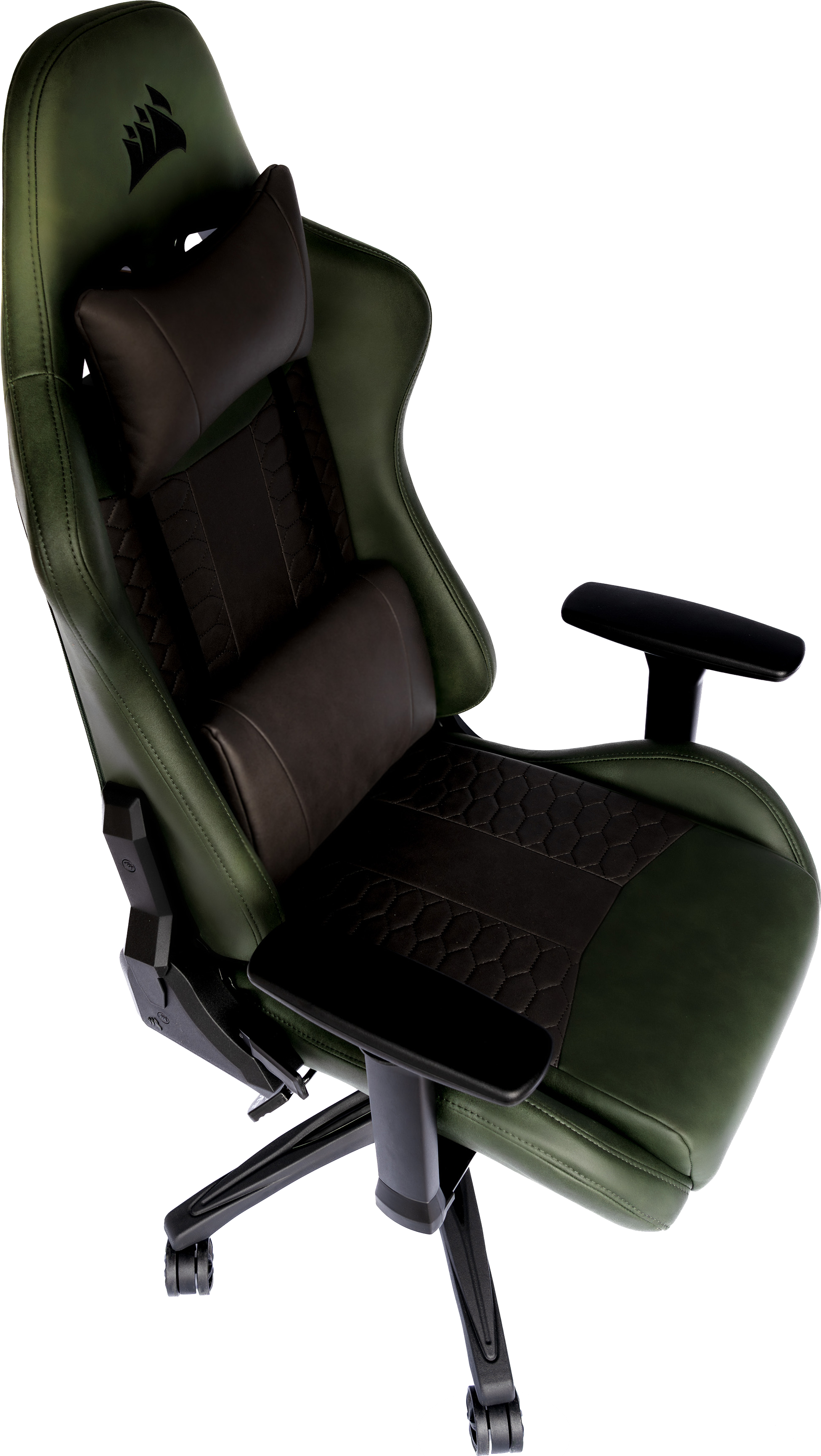 Une chaise de jeu Corsair verte et noire, inclinée, montrant l'appuie-tête, le support lombaire et les accoudoirs.