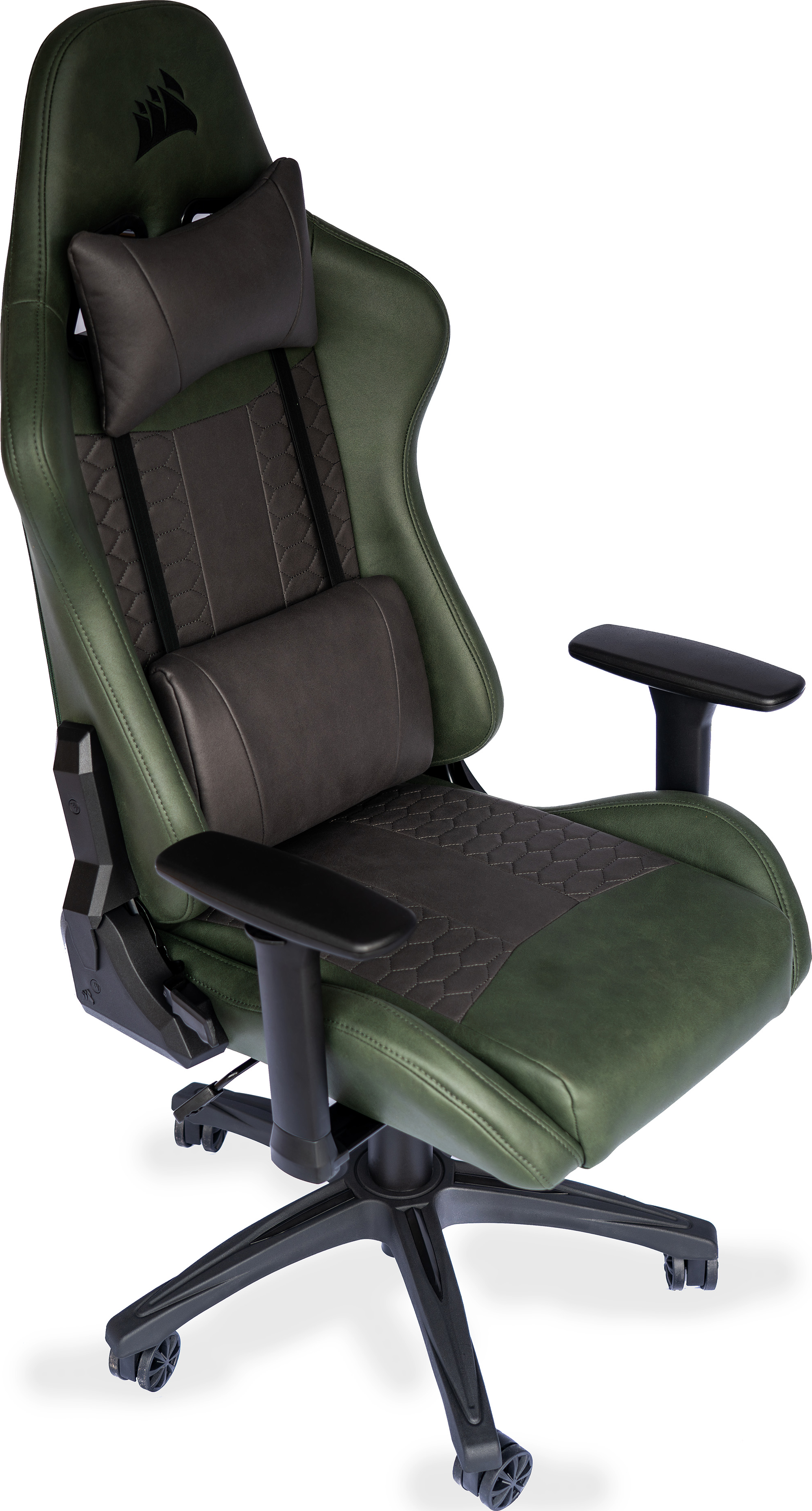 Chaise gaming verte et noire avec appuie-tête et support lombaire.