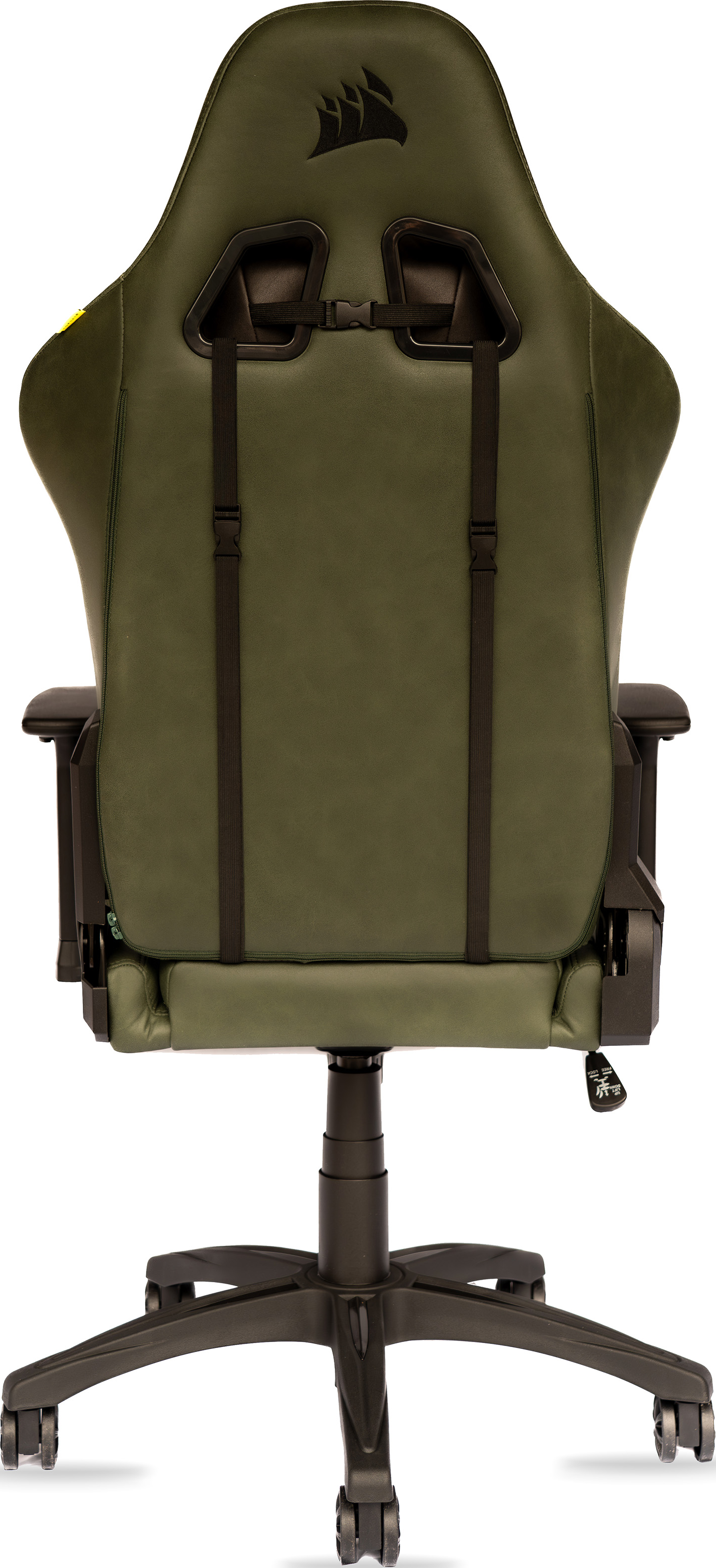 Chaise de jeu verte et noire, vue arrière. Possède une base et des roues noires. Logo Corsair.