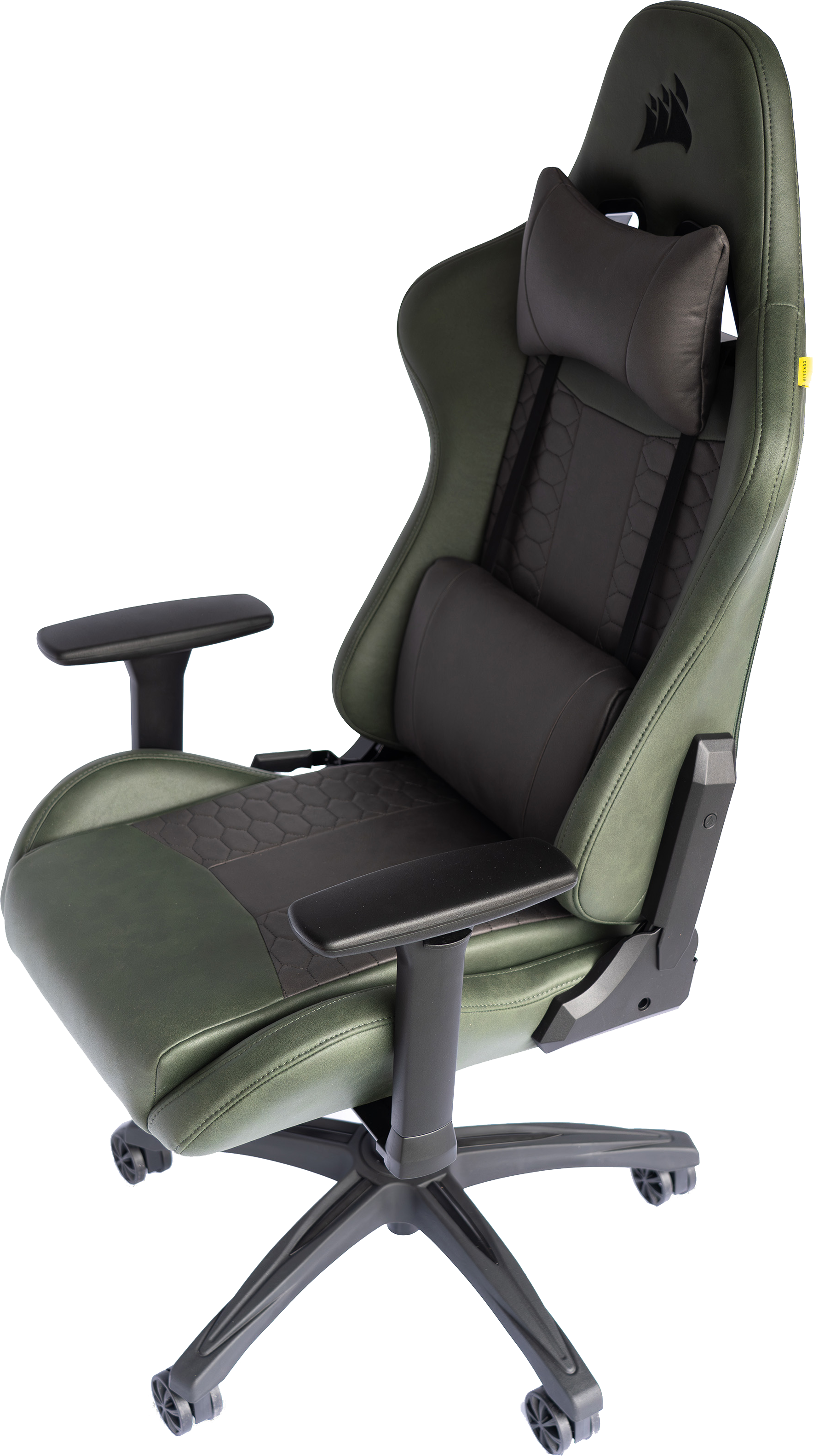Chaise de jeu verte et noire. Elle possède un appui-tête, un soutien lombaire et des accoudoirs.