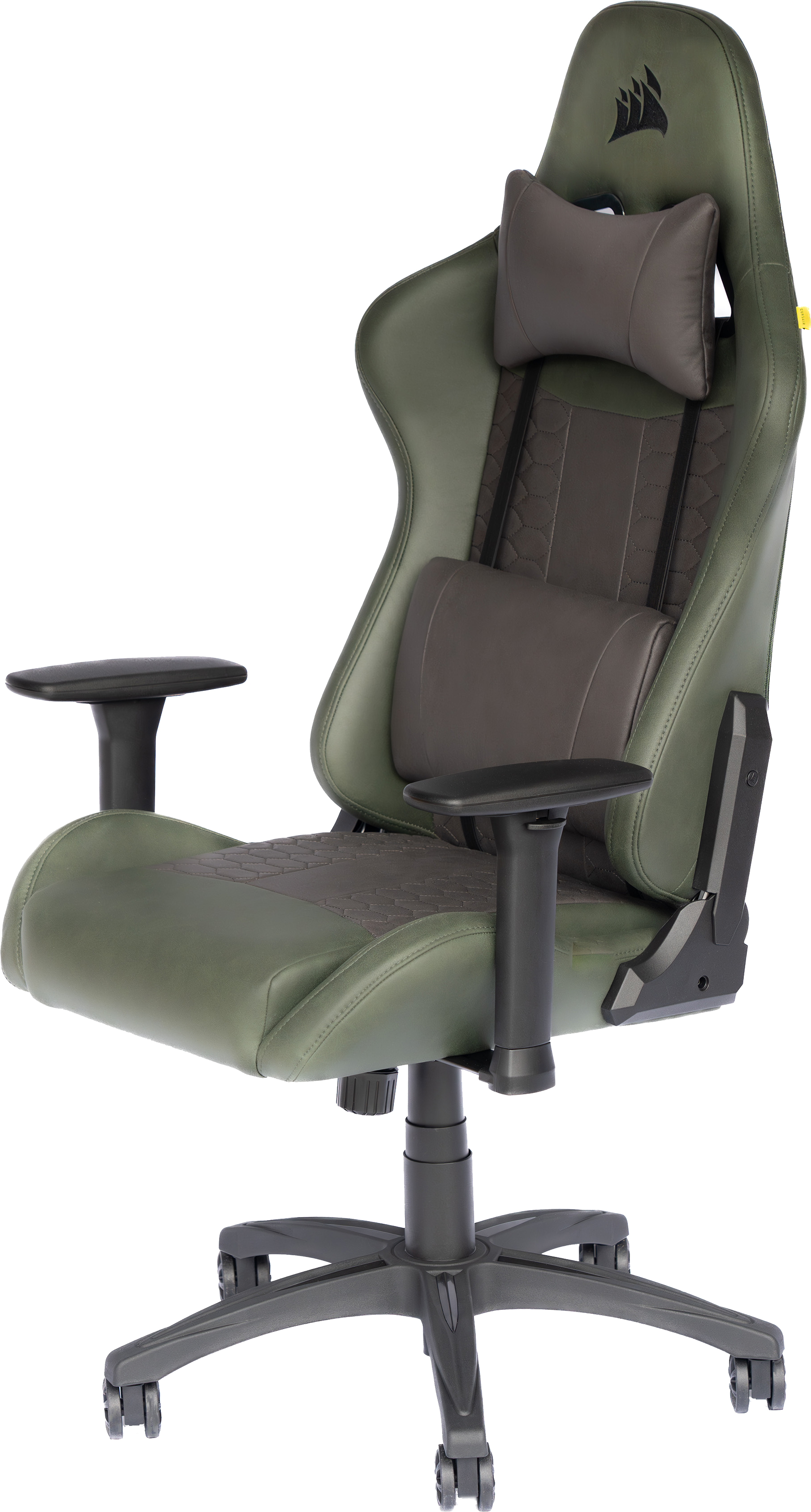 Chaise gaming verte avec appui-tête, support lombaire et base noire.