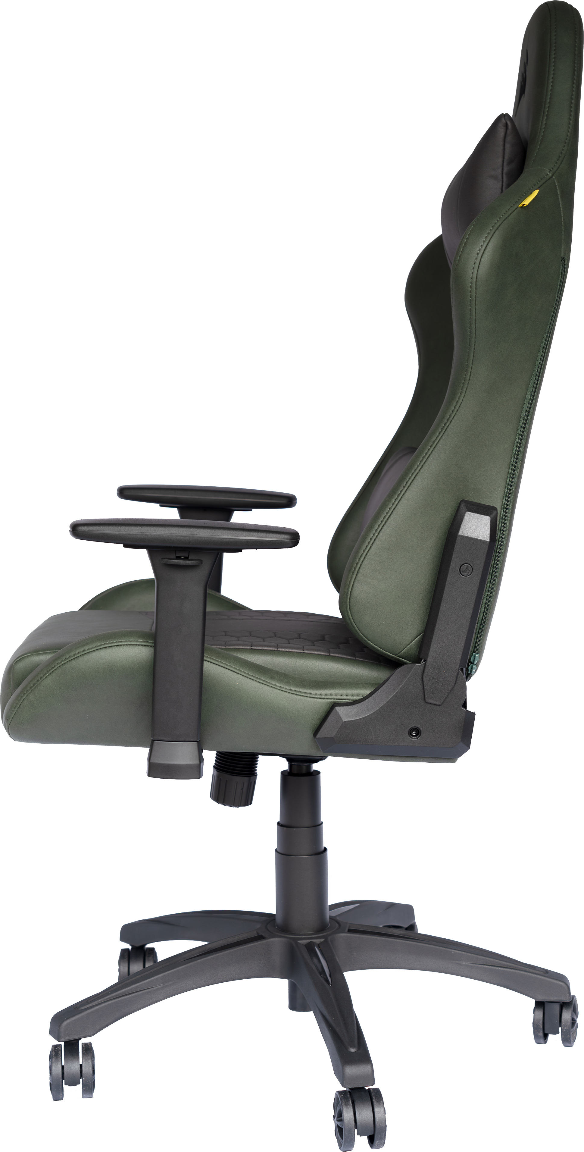 Chaise de jeu verte vue de côté, montrant l'assise, le dossier et les accoudoirs.