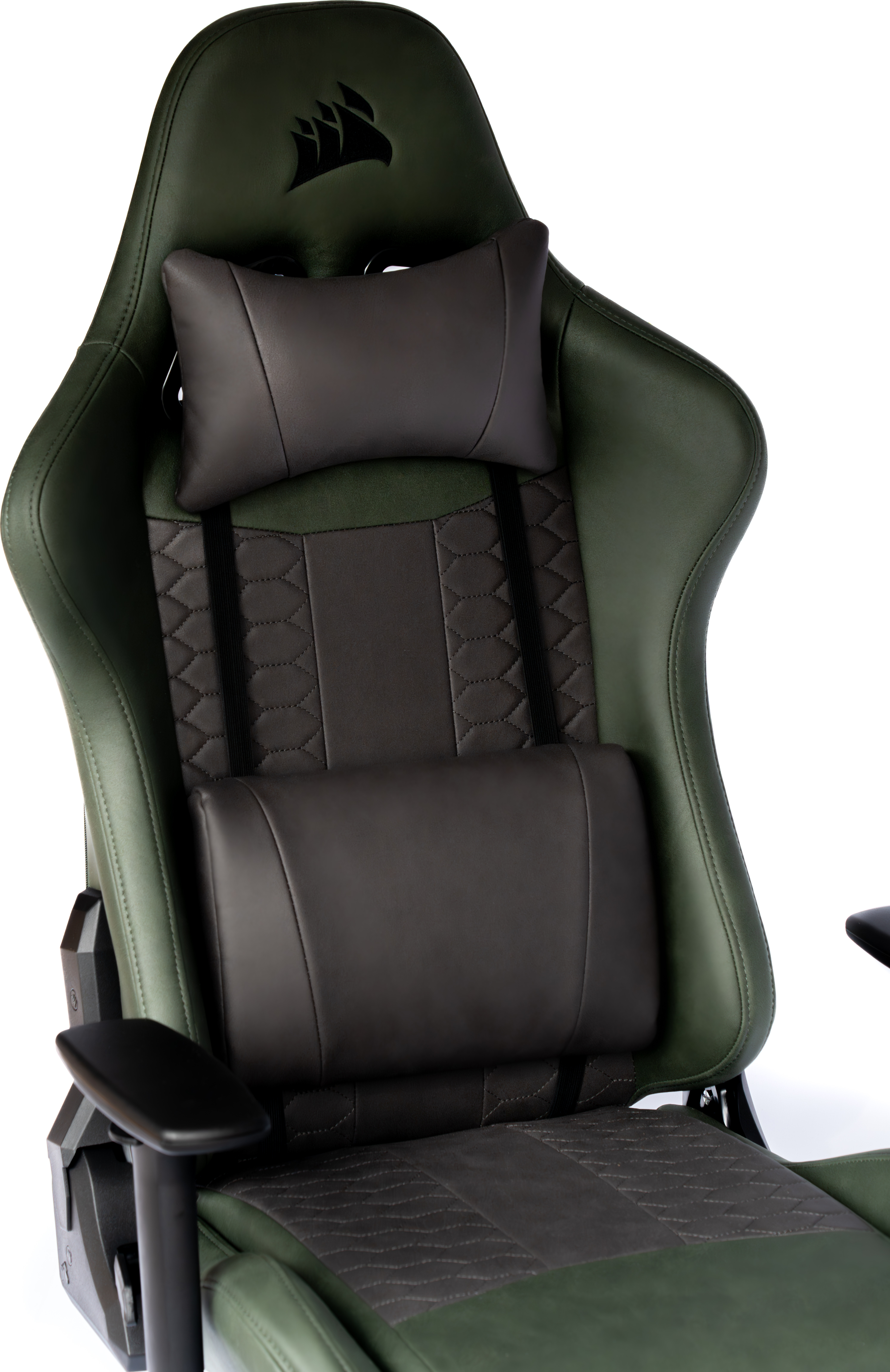 Chaise gaming verte et noire avec appui-tête et coussin lombaire.
