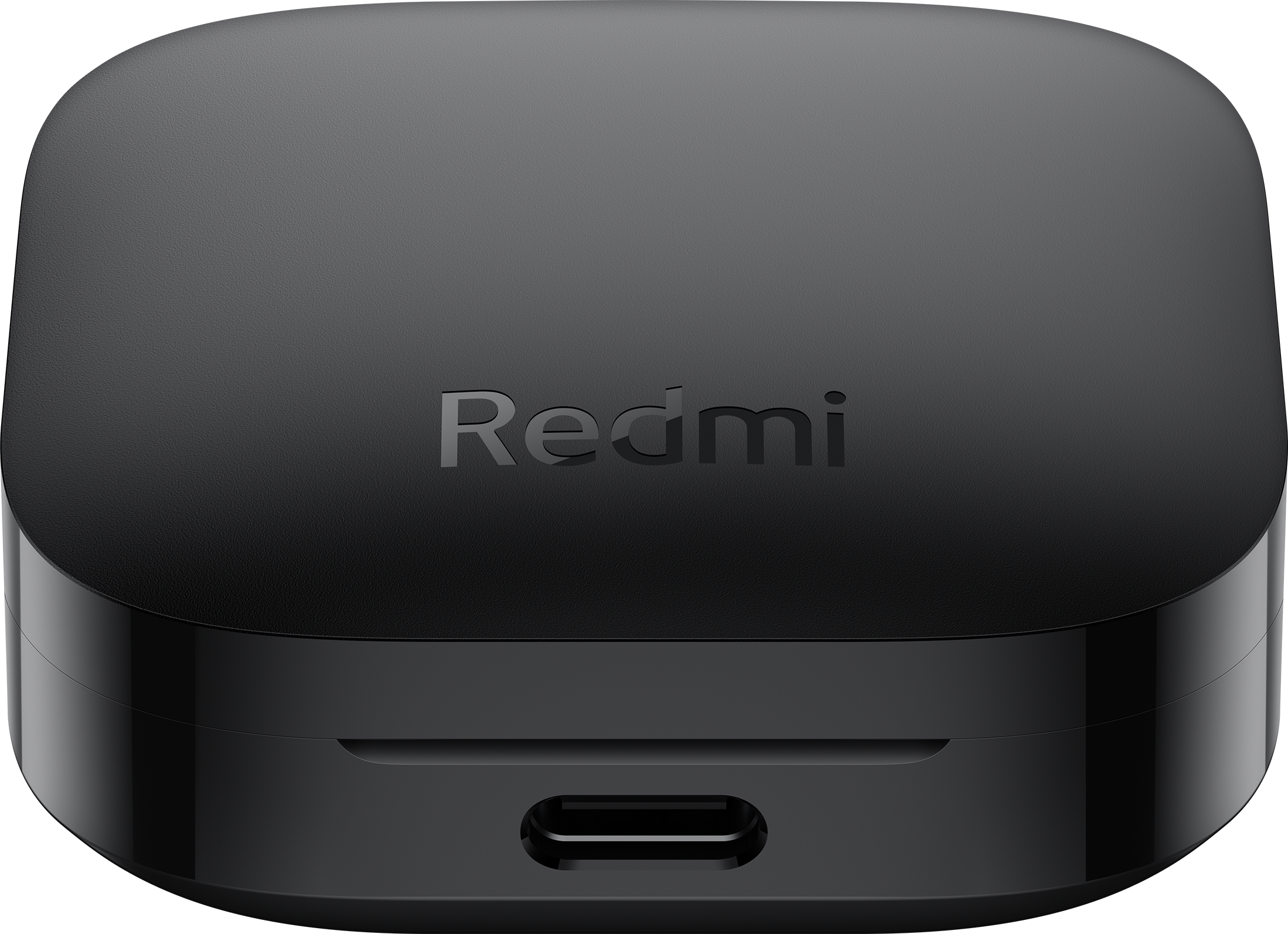 Egy fekete Redmi fülhallgató töltőtok. A Redmi logója felül, USB-C port alul.