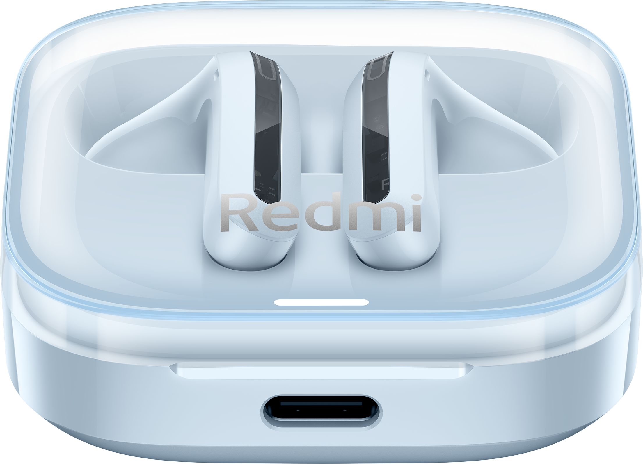 Fehér Redmi fülhallgató töltőtokban. A tok világoskék, átlátszó fedéllel. USB-C port látható.