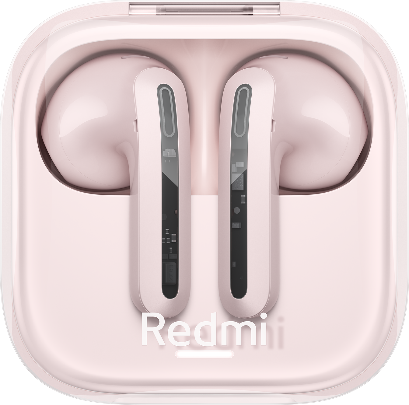 Rózsaszín Redmi fülhallgatók és töltőtok. A fülhallgatók a tokban vannak. A tok rózsaszín és négyzet alakú.