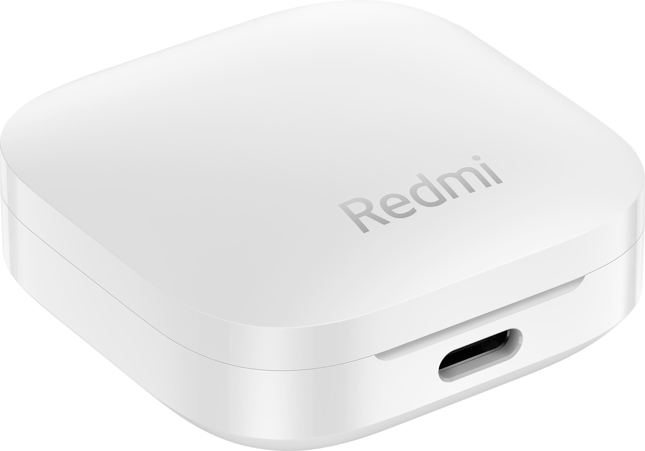 Fehér Redmi fülhallgató töltőtok. Zárt, Redmi logóval és töltőporttal, fehér háttérrel.
