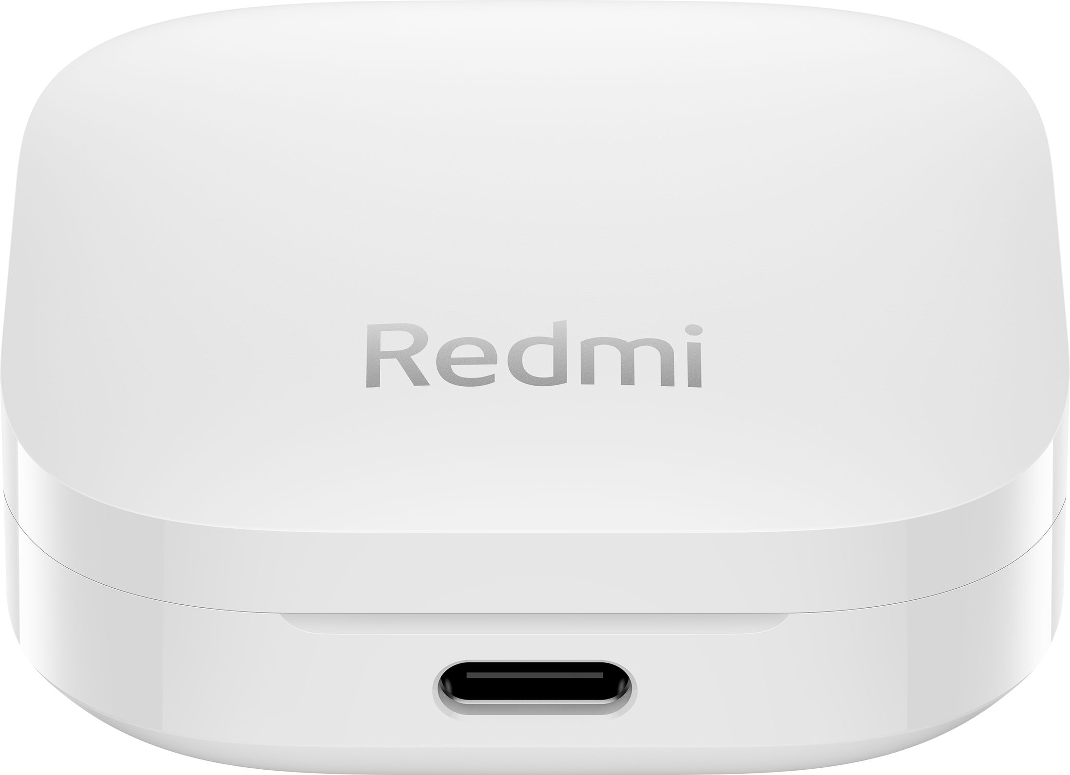 Egy fehér töltőtok a Redmi logóval és egy USB-C porttal az alján.