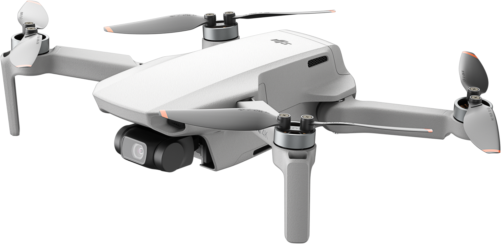 DJI Mini 2 drón, fehér és szürke, kinyújtott propellerekkel, fekete háttér előtt.