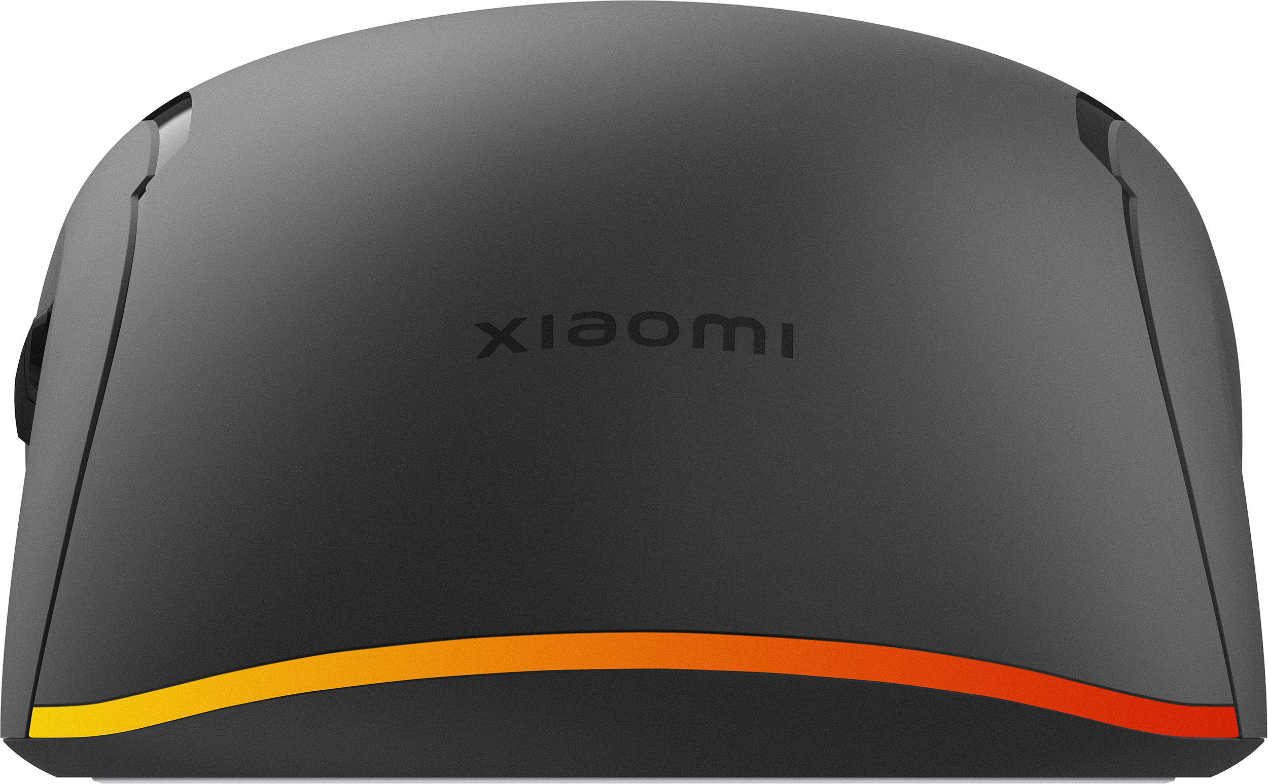 Egy fekete Xiaomi egér narancssárga és sárga színátmenettel az alsó szélén, Xiaomi logóval.