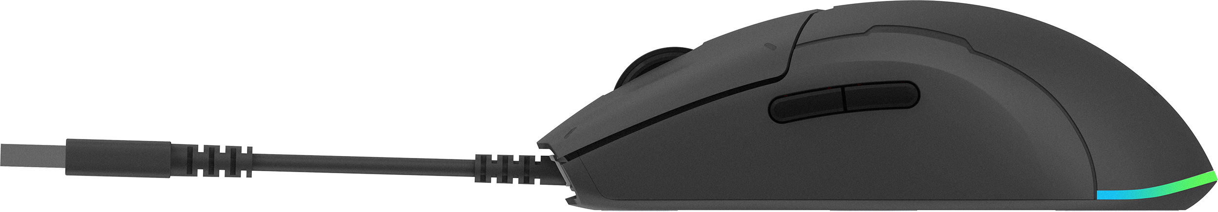 Fekete számítógépes egér oldalsó nézete csatlakoztatott USB-kábellel fehér háttéren.