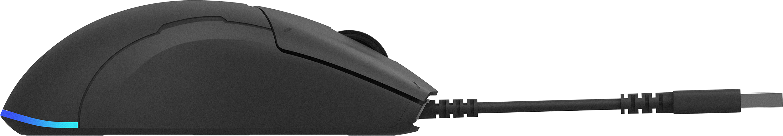 Fekete gamer egér USB-C kábellel. Gombokkal és görgetőkerékkel. Az alján kék fény.