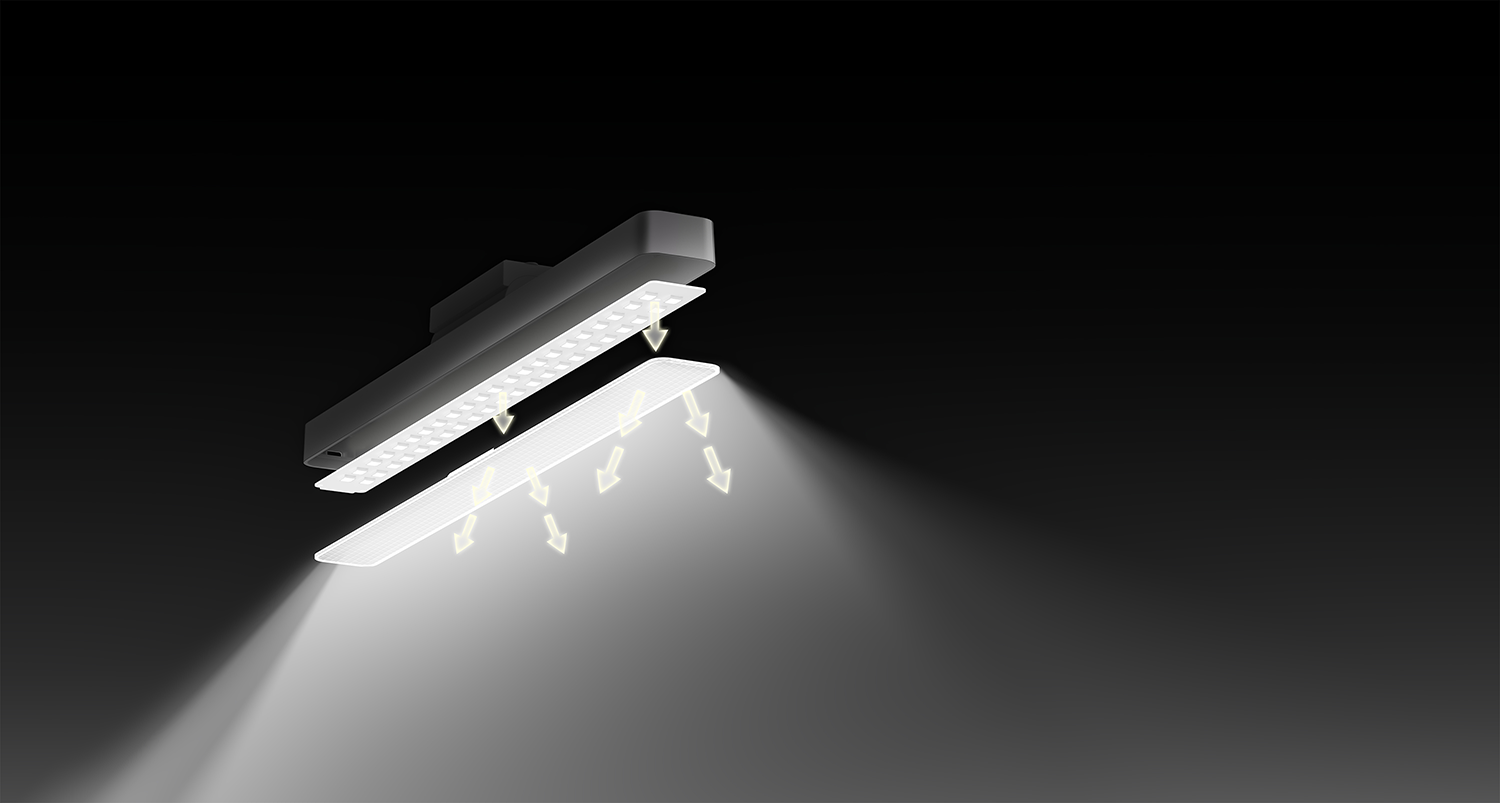 Két téglalap alakú LED-lámpa fekete háttéren, lefelé világító, fényes fehér fénnyel, nyíl jelzőkkel.