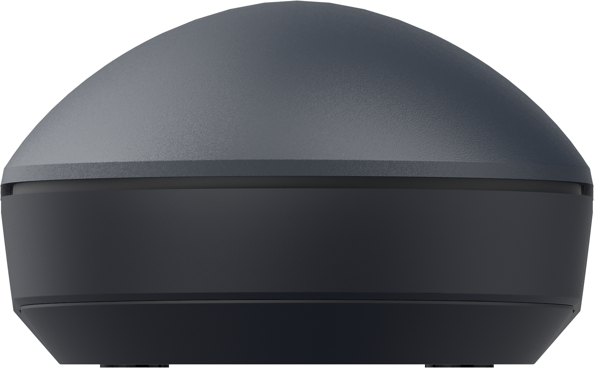 Sötétszürke, kupola alakú eszköz, lapos, sötétszürke tetővel és sötétebb alappal.