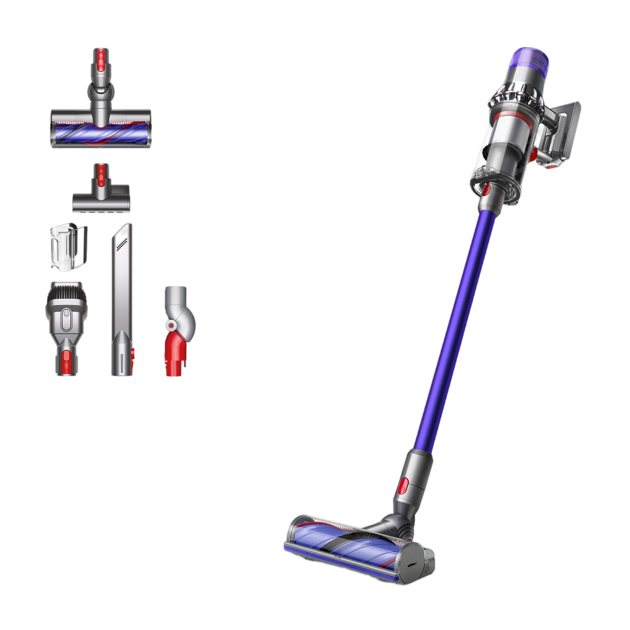 Dyson V15 Detect Akku-Staubsauger mit Aufsätzen. Blau und Silberfarben.
