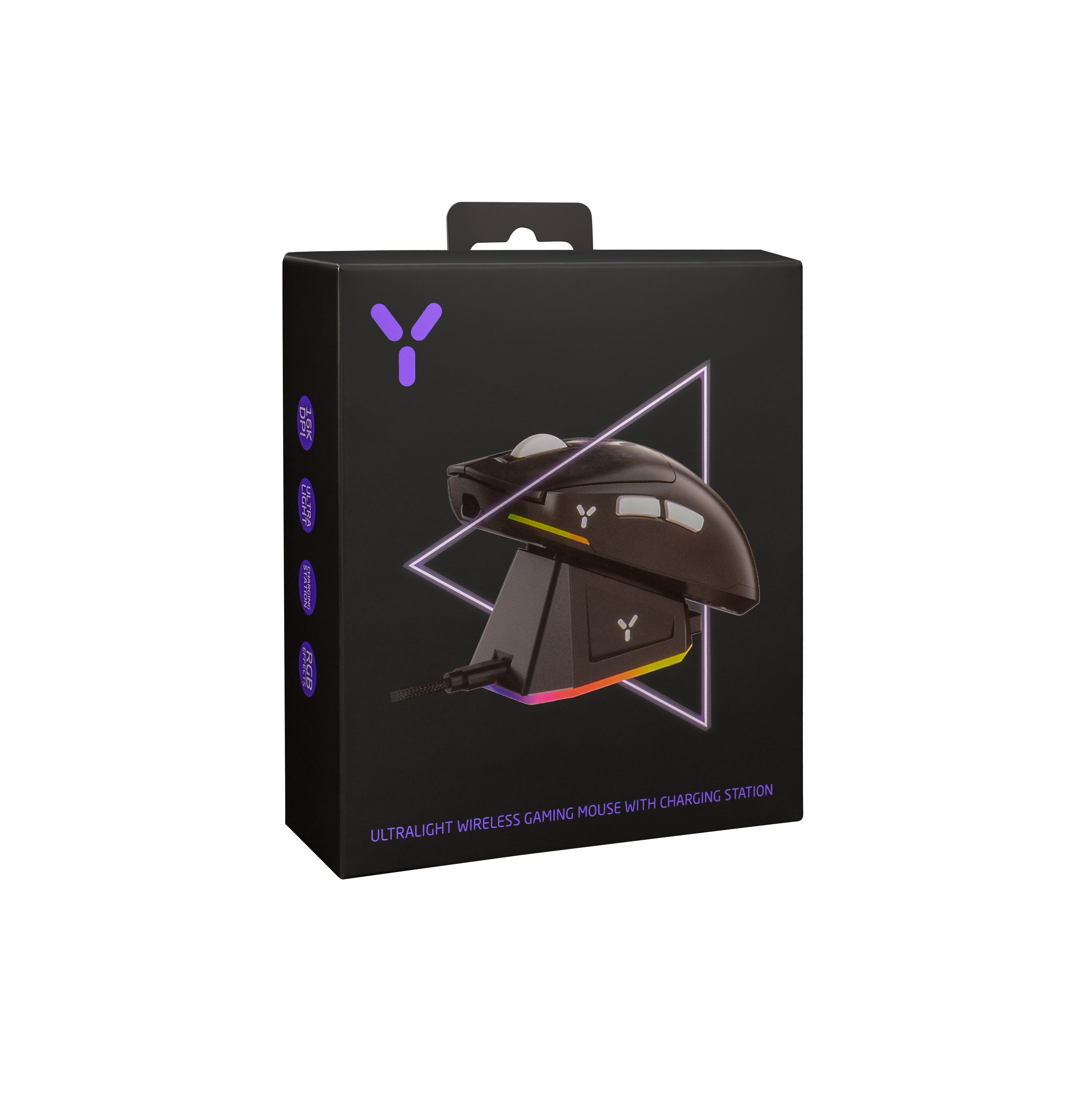 Eine schwarze Gaming-Maus und Ladestation in einer Box. Die Box hat ein Dreieck-Design.
