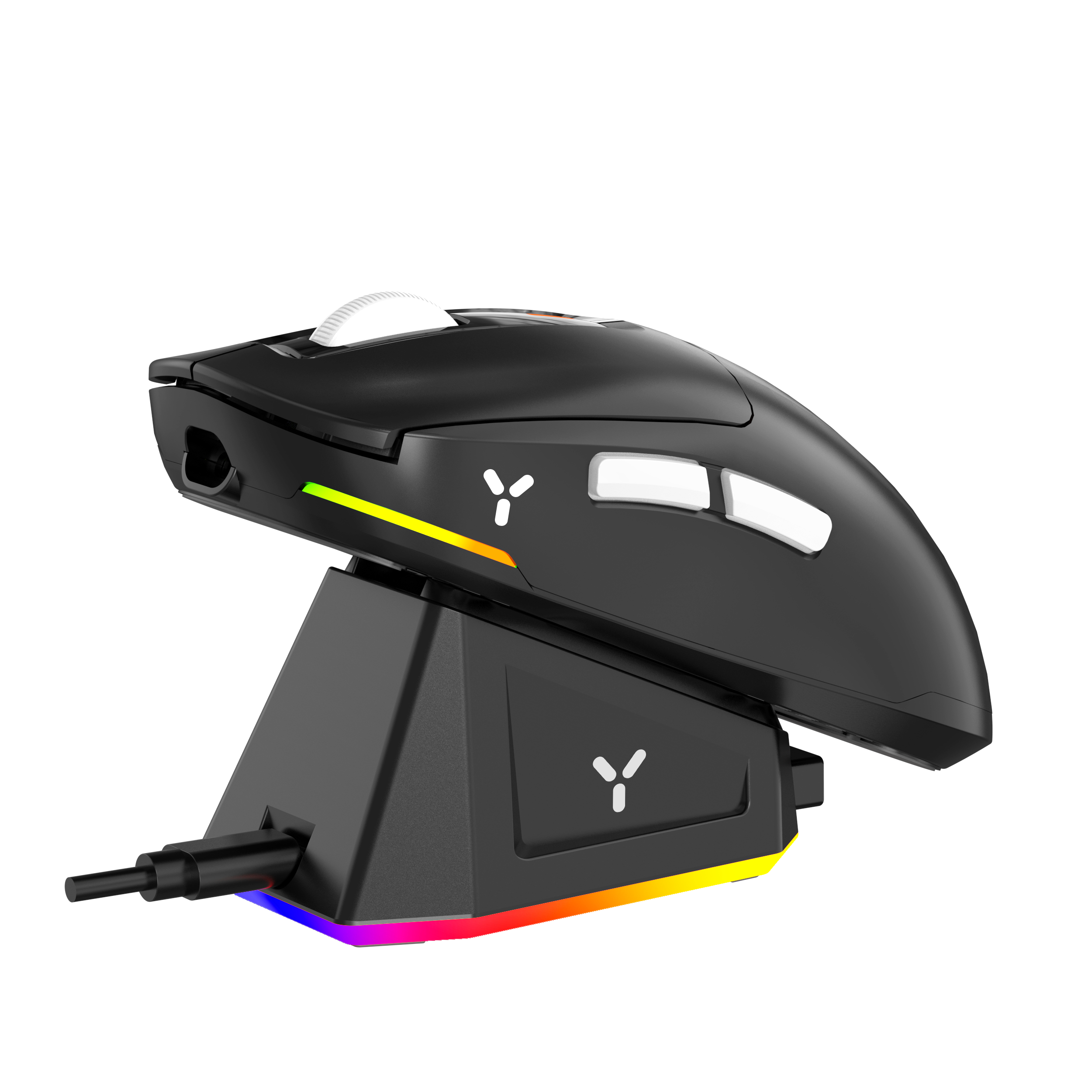 Eine schwarze Gaming-Maus auf ihrer Ladestation, beide mit RGB-Beleuchtung.